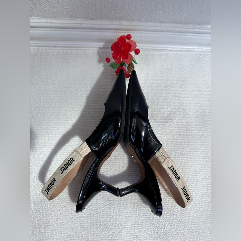Authentic Dior Black Patent Slingback Pumps with J'Adior Ribbon Detail Size 36 - Picture 7 of 12